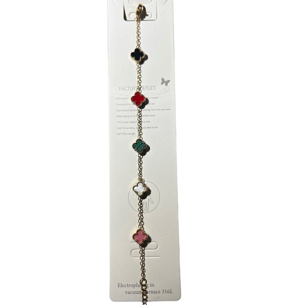 WOMENS GOLD PLATED MULTI COLOR  MINI IRISH SHAMROCK STAINLESS STEEL BRACELET
